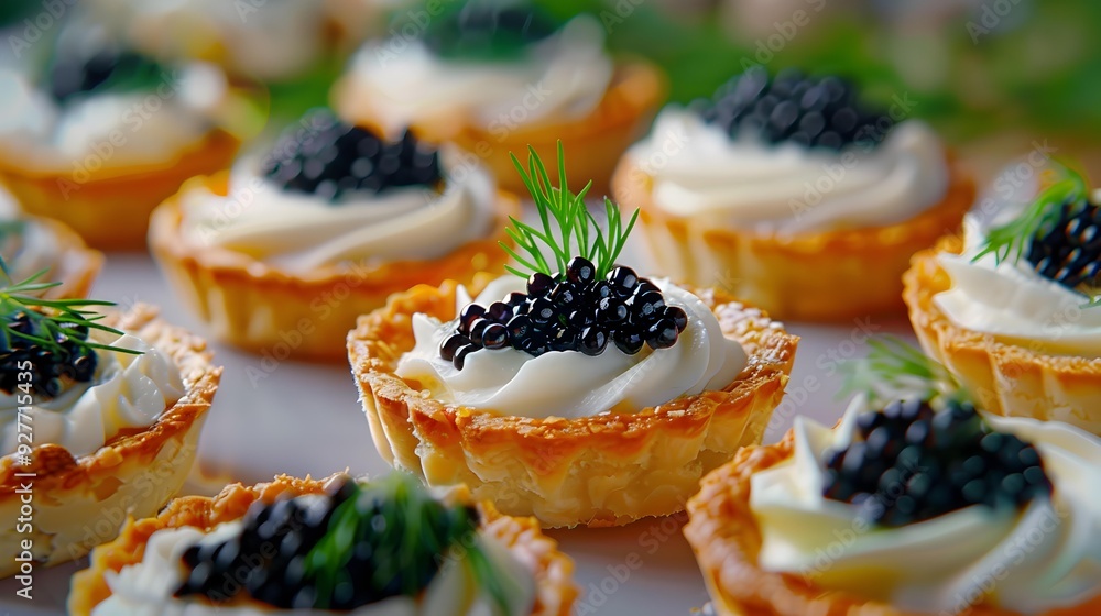 Delicacies tartlets with caviar and sour cream decorated Delicacies tartlets with caviar and sour cream decorated