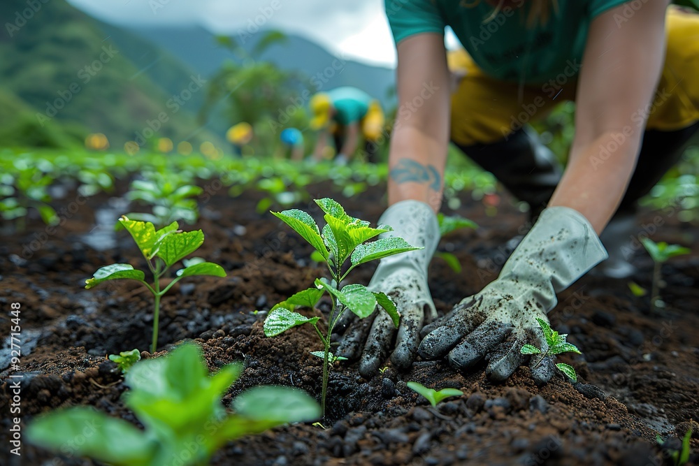 Naklejka premium A woman is planting a seedling in a field