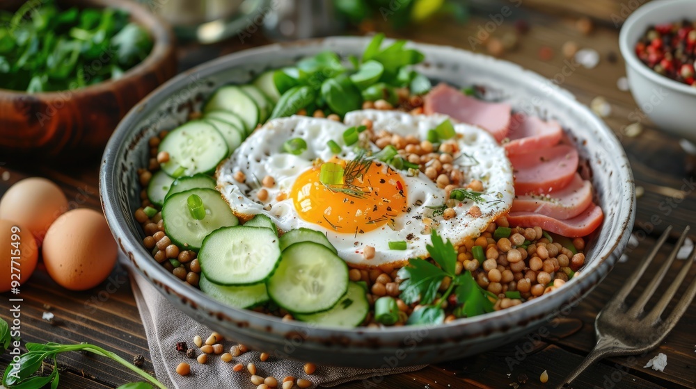 Nutritious dinner with buckwheat sour cream cucumbers eggs and ham from natural ingredients Nutritious dinner with buckwheat sour cream cucumbers eggs and ham from natural ingredients