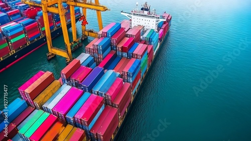 container,container ship in import export and business logistic.By crane , Trade Port , Shipping.Tugboat assisting cargo to harbo photo