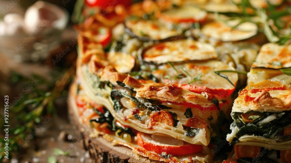 Nutritious vegetable pie close up view A healthy choice for vegetarians Nutritious vegetable pie close up view A healthy choice for vegetarians