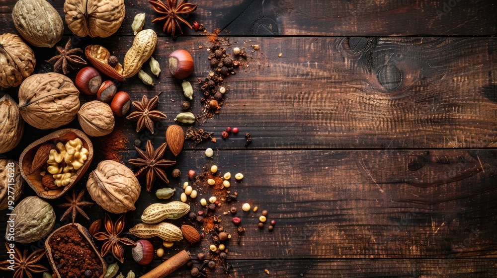 Nuts and spices on wooden background