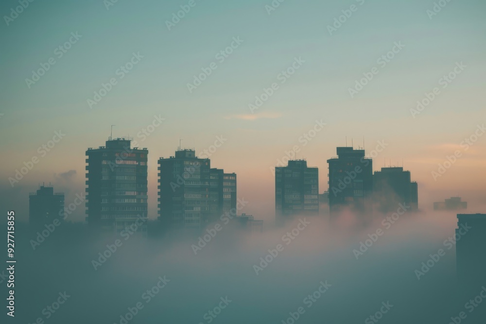 Fototapeta premium A misty urban landscape showcasing skyscrapers shrouded in fog, creating a mysterious atmosphere, Buildings fading into the foggy horizon, AI generated