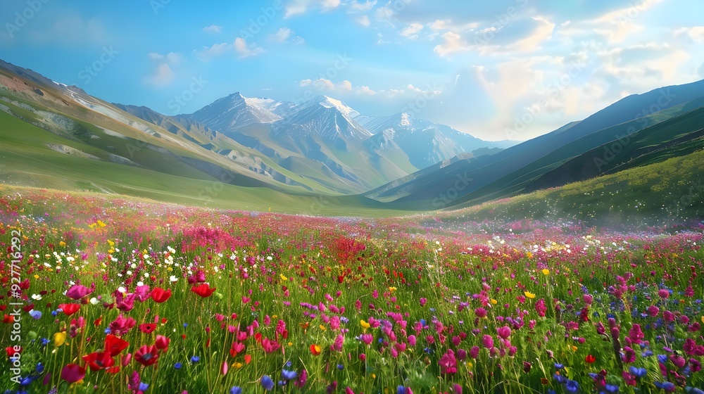 The colorful valley is surrounded by green hills The colorful valley is surrounded by green hills