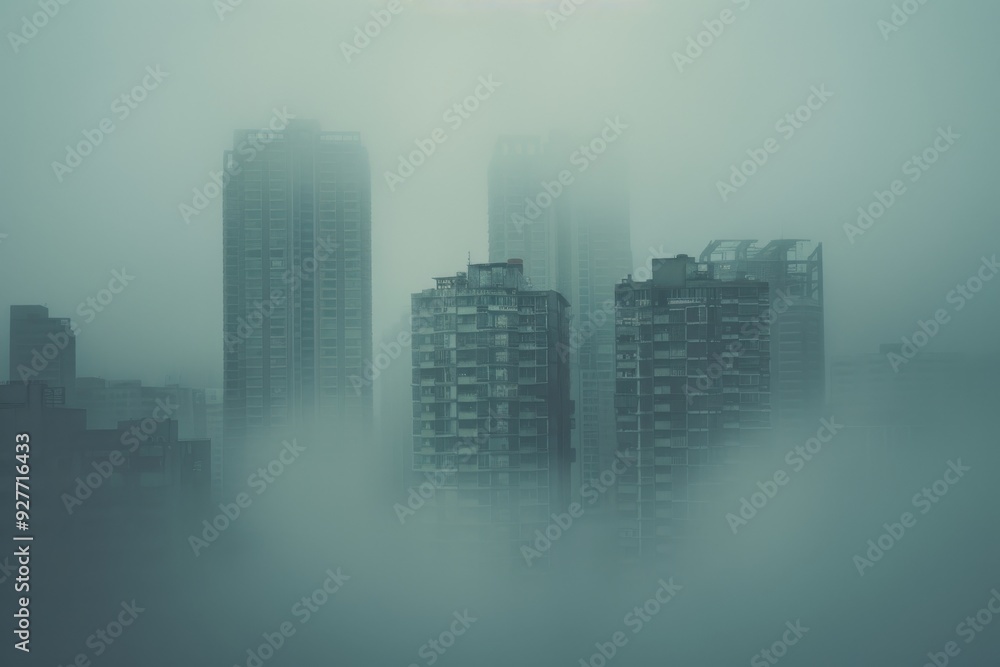 Buildings fading into the foggy horizon, AI generated Buildings fading into the foggy horizon, AI generated
