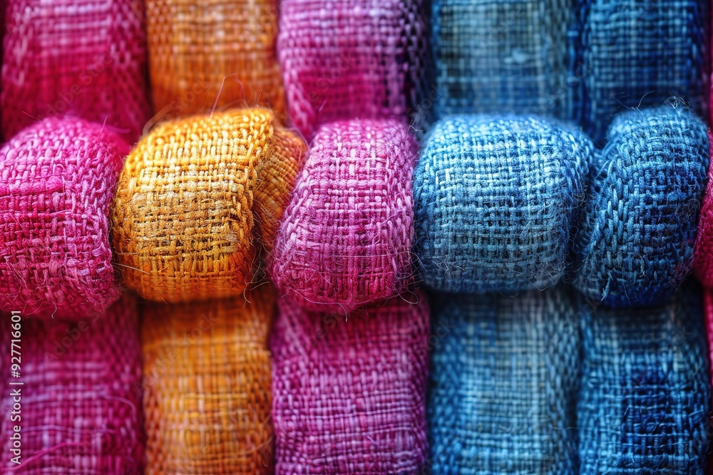 A row of colorful balls made of yarn A row of colorful balls made of yarn