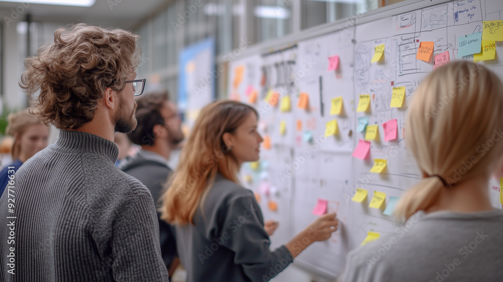 Young entrepreneurs collaborate and generate new concepts using colorful sticky notes on a whiteboard during a brainstorming session Young entrepreneurs collaborate and generate new concepts using colorful sticky notes on a whiteboard during a brainstorming session