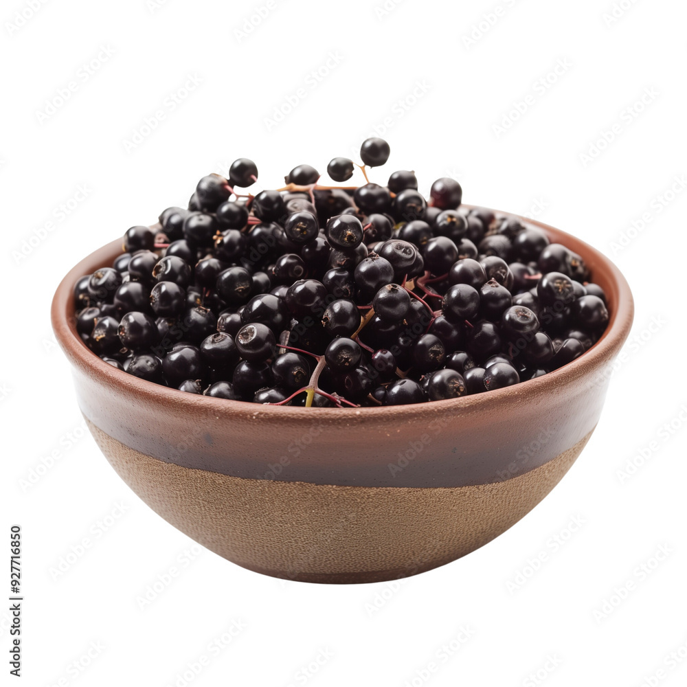 Close-up of fresh elderberries arranged neatly in a small ceramic bowl, isolated on a transparent background Close-up of fresh elderberries arranged neatly in a small ceramic bowl, isolated on a transparent background