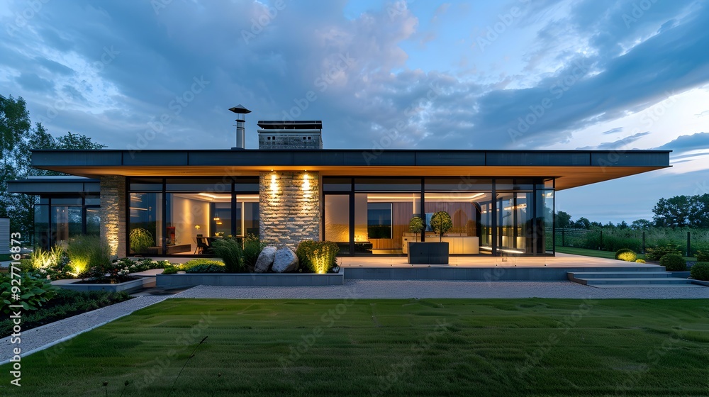 The modern open plan home with large windows The modern open plan home with large windows