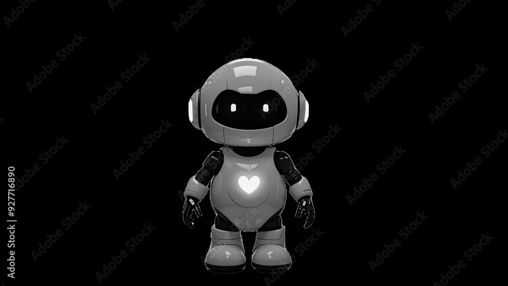 Cute Robot with Heart LED Light on Black Background Cute Robot with Heart LED Light on Black Background