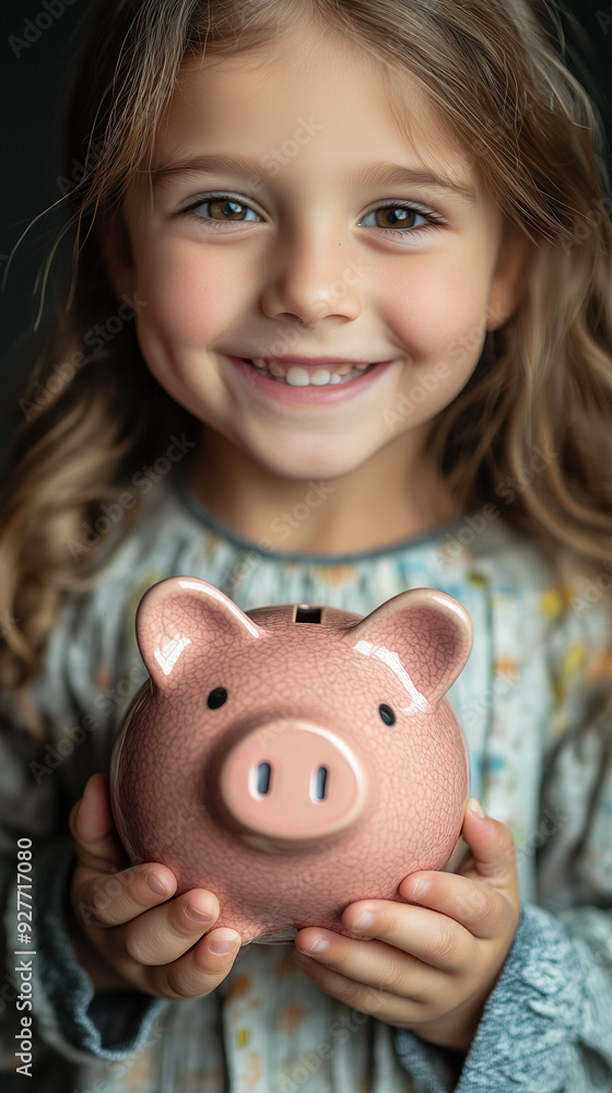 Young girl is happily hugging her piggy bank, demonstrating the concept of children's savings Young girl is happily hugging her piggy bank, demonstrating the concept of children's savings