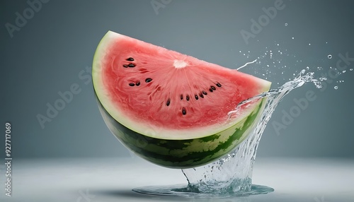 Red slice of watermelon in a splash of water on a blue background4 photo