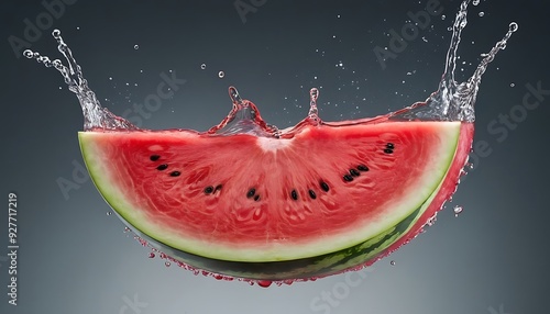 Red slice of watermelon in a splash of water on a blue background5 photo