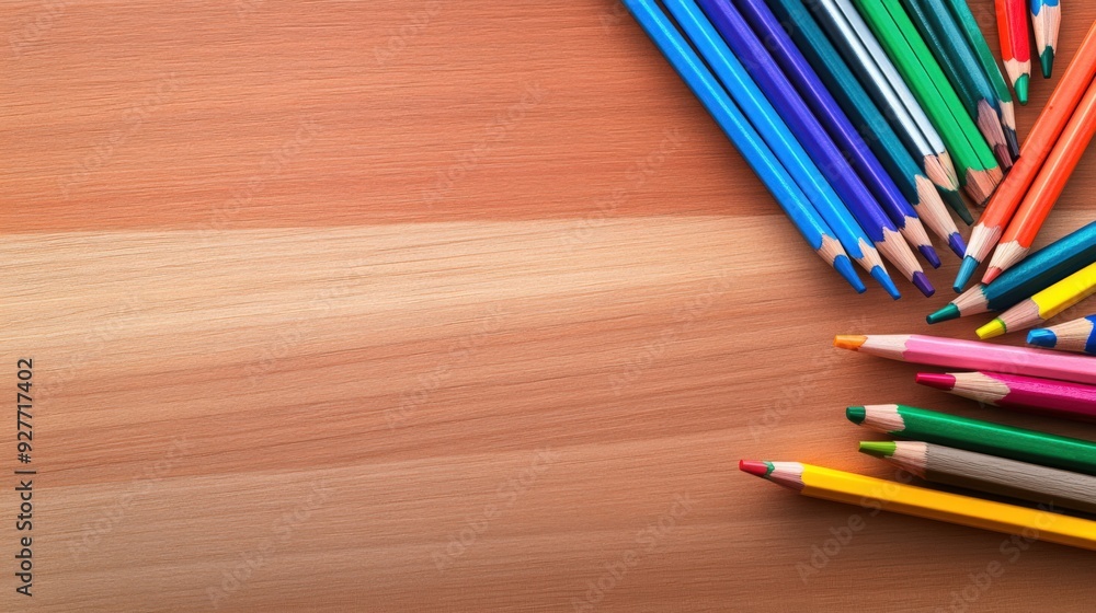 Fototapeta premium A vibrant collection of colored pencils arranged on a wooden surface, ideal for art projects and creative inspiration.