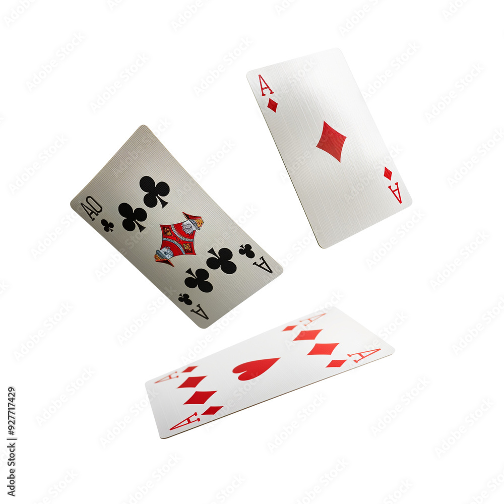 Three aces from a deck of cards flying mid-air, isolated on a transparent background Three aces from a deck of cards flying mid-air, isolated on a transparent background