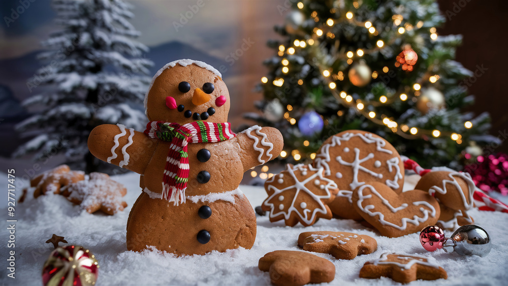 Christmas gingerbread cookies with a snowman, and tree, 3d render, photo, conceptual art, portrait photography, cinematic, wildlife photography, dark fantasy Christmas gingerbread cookies with a snowman, and tree, 3d render, photo, conceptual art, portrait photography, cinematic, wildlife photography, dark fantasy