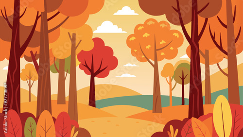 Vector illustration of an autumn forest with tall trees and colorful orange and yellow leaves