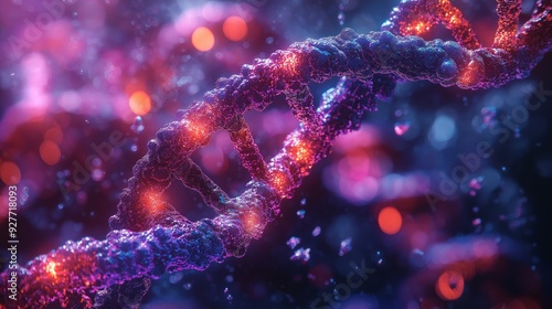 A detailed illustration of DNA strands with vibrant colors, showcasing genetic disorders at a molecular level.