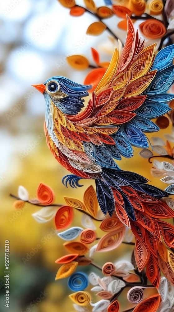 A vibrant paper quilling artwork depicts a bird in flight, surrounded by intricate autumn leaves in various colors. A vibrant paper quilling artwork depicts a bird in flight, surrounded by intricate autumn leaves in various colors.