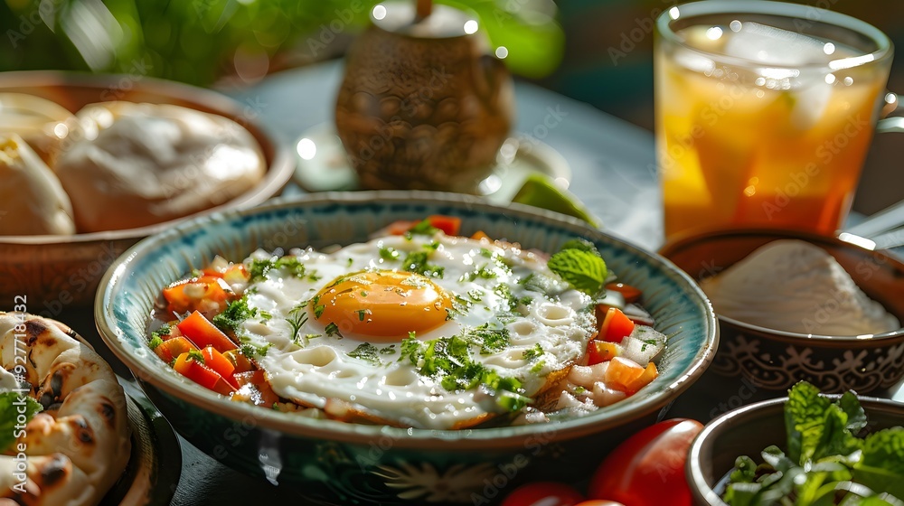 Egyptian breakfasts with full medames served with herbs Egyptian breakfasts with full medames served with herbs