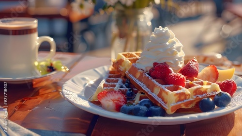 Dutch breakfasts with waffles served with fruit whipped photo