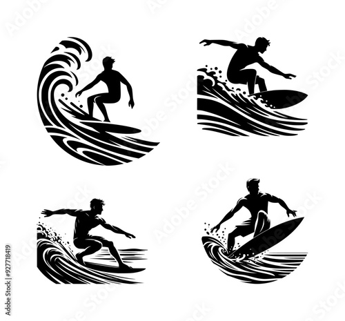 vector set of surfer silhouette icon