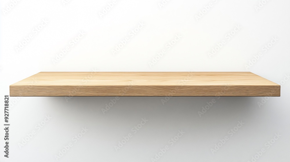 A contemporary wall-mounted shelf with a simple, floating design in light oak wood, isolated on a plain white background A contemporary wall-mounted shelf with a simple, floating design in light oak wood, isolated on a plain white background