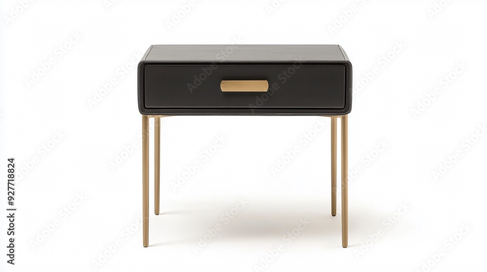 A minimalist bedside table with a single drawer, featuring a matte black finish and thin, gold metal legs, placed on an isolated white background A minimalist bedside table with a single drawer, featuring a matte black finish and thin, gold metal legs, placed on an isolated white background