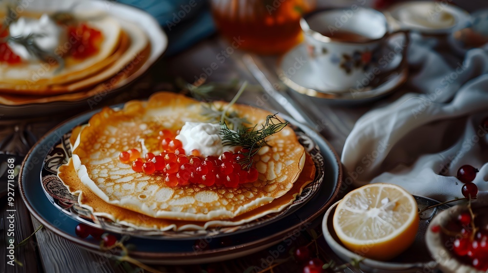 Breakfasts with pancakes served with caviar sour Breakfasts with pancakes served with caviar sour
