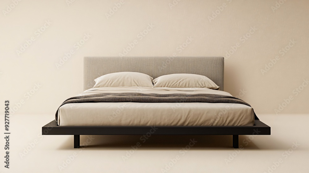 A minimalist modern bed with a low-profile frame in matte black and a simple, upholstered headboard, centered on a neutral background A minimalist modern bed with a low-profile frame in matte black and a simple, upholstered headboard, centered on a neutral background