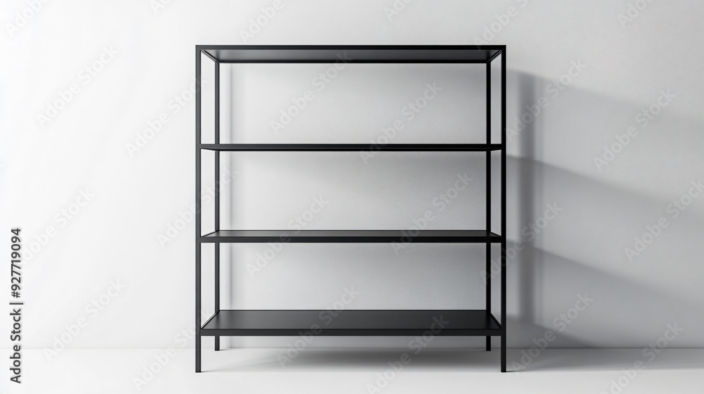 A minimalist shelving unit with a simple, open design in matte black metal, isolated on a pure white background A minimalist shelving unit with a simple, open design in matte black metal, isolated on a pure white background