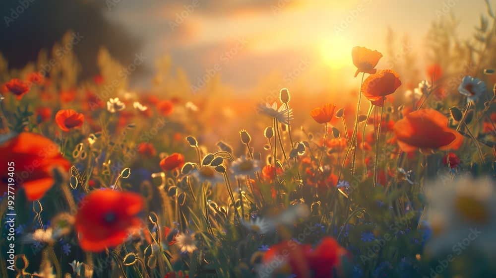 Obraz premium Sunset on a flowering field