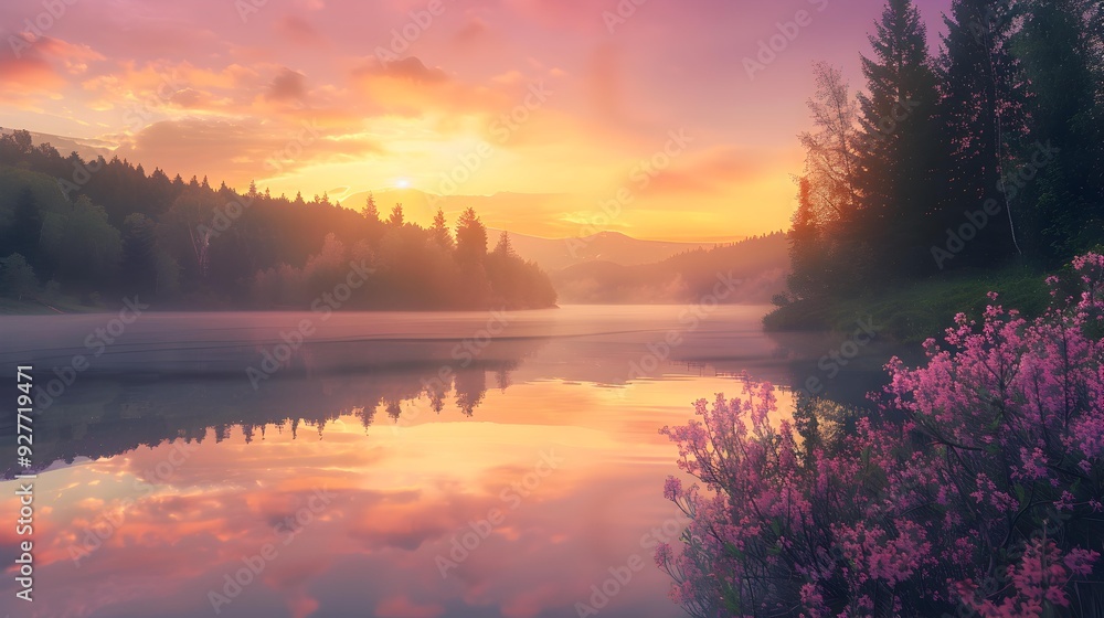 Sunset over a quiet lake reflecting the orange Sunset over a quiet lake reflecting the orange