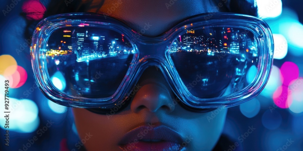 Cityscape with woman in goggles Cityscape with woman in goggles