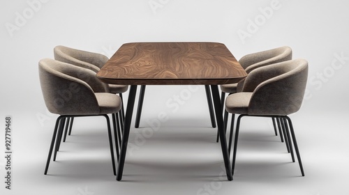 A modern dining table with a smooth, dark walnut wood surface and black metal legs, paired with four matching chairs, isolated on a soft gray background