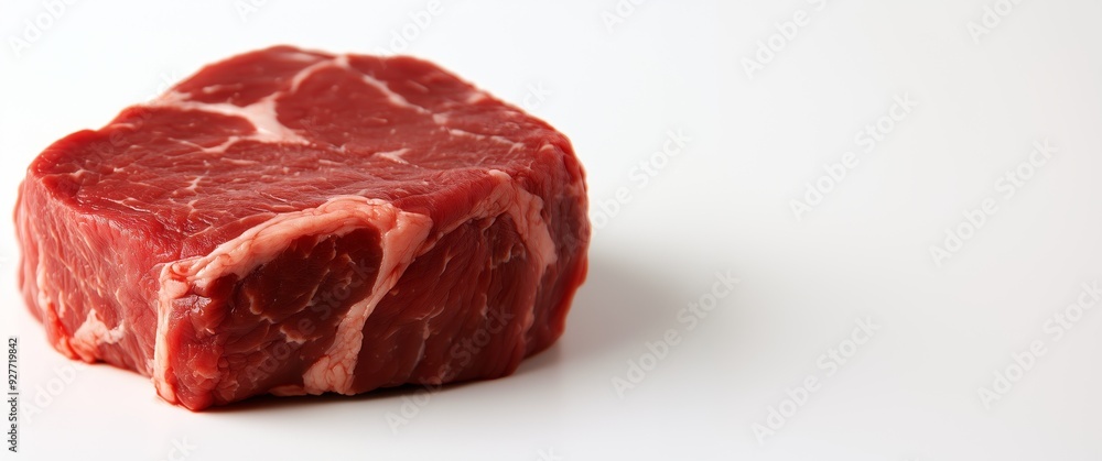 A raw cut of beef sits on a white surface, prepared for grilling or cooking, showcasing its marbled texture. copy space. A raw cut of beef sits on a white surface, prepared for grilling or cooking, showcasing its marbled texture. copy space.