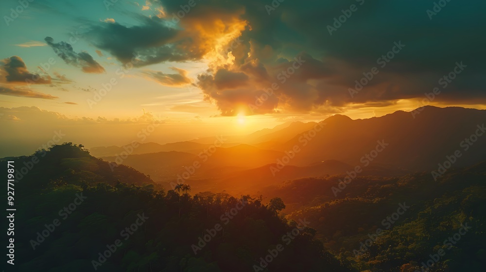 Sunset warm hues illuminate the flat mountain tops Sunset warm hues illuminate the flat mountain tops