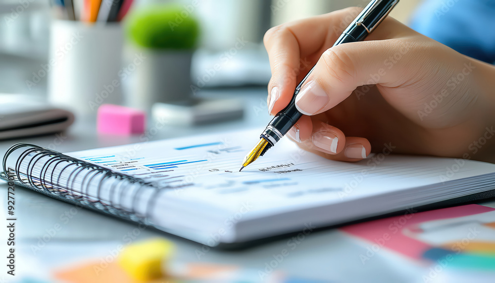 A close-up of a hand writing in a notebook with graphs and data, emphasizing productivity and organization in a workspace. A close-up of a hand writing in a notebook with graphs and data, emphasizing productivity and organization in a workspace.