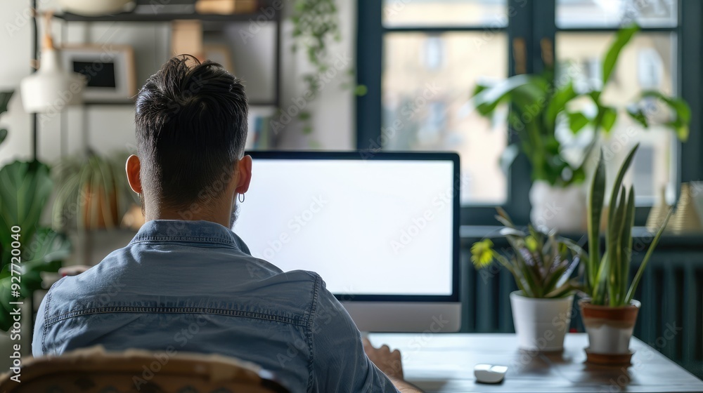 A young man is seen using a computer laptop in front of a blank white screen in an office setting. A young man is seen using a computer laptop in front of a blank white screen in an office setting.