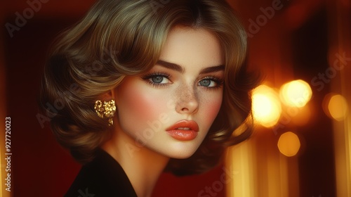 A woman with glamorous makeup and elegant jewelry, captured in warm light, giving off a retro chic vibe with her confident and poised look.