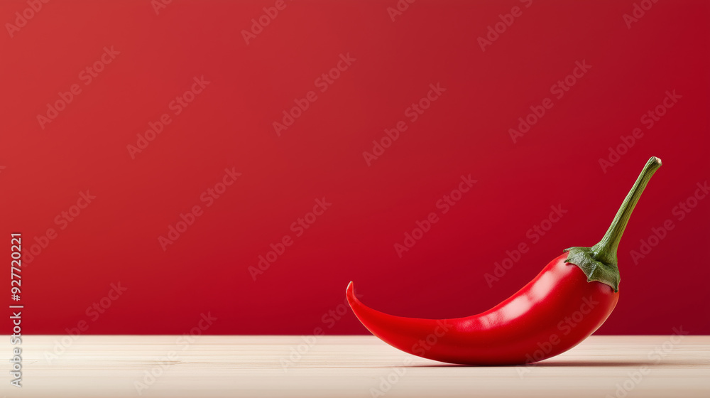 Vibrant red chili pepper on wooden surface with red background Vibrant red chili pepper on wooden surface with red background