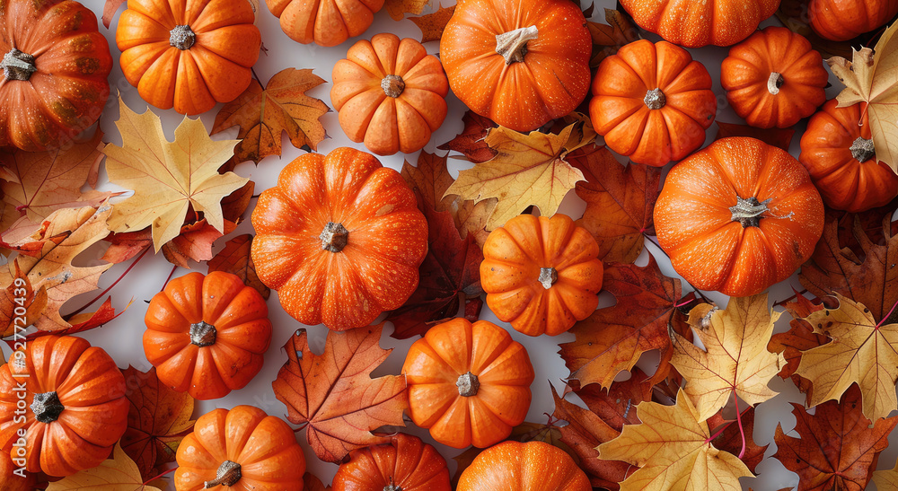 Background of autumn leaves and pumpkins. Generative AI. Background of autumn leaves and pumpkins. Generative AI.