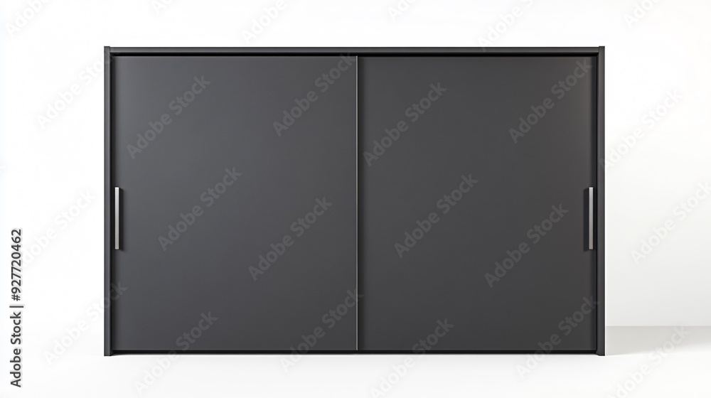 A modern wardrobe with sliding doors in a matte gray finish and sleek aluminum handles, set against a solid white background A modern wardrobe with sliding doors in a matte gray finish and sleek aluminum handles, set against a solid white background