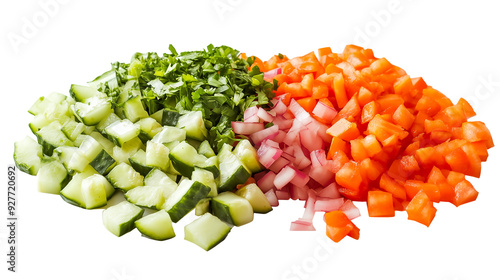 Fresh healthy salad with diced vegetables including cucumbers, tomatoes, and onions