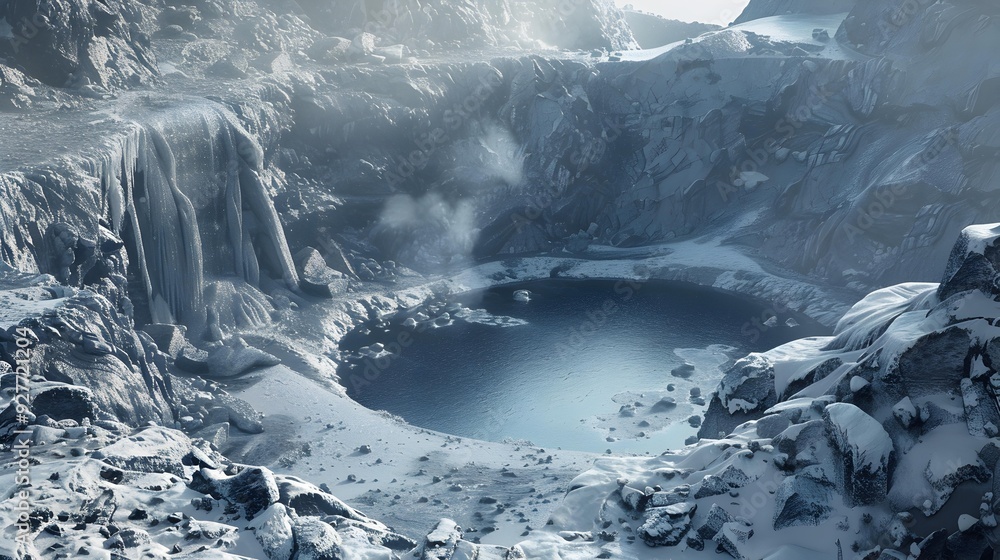 Winter crater with an icy lake Winter crater with an icy lake