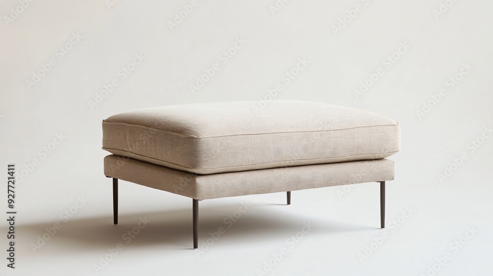 A stylish modern ottoman with a rectangular design, upholstered in soft, beige fabric, and featuring thin metal legs, centered on a neutral background A stylish modern ottoman with a rectangular design, upholstered in soft, beige fabric, and featuring thin metal legs, centered on a neutral background