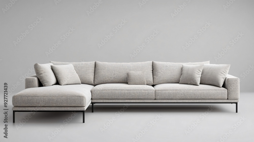 A stylish modern sofa with a chaise lounge extension, upholstered in soft, light gray fabric, and thin metal legs, placed on an isolated gray background A stylish modern sofa with a chaise lounge extension, upholstered in soft, light gray fabric, and thin metal legs, placed on an isolated gray background