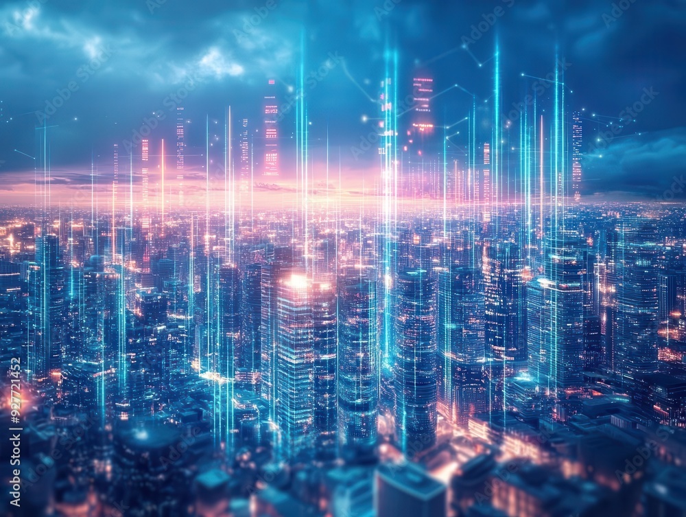 A futuristic city skyline with glowing lights and digital data streams, showcasing advanced technology and urban innovation. A futuristic city skyline with glowing lights and digital data streams, showcasing advanced technology and urban innovation.