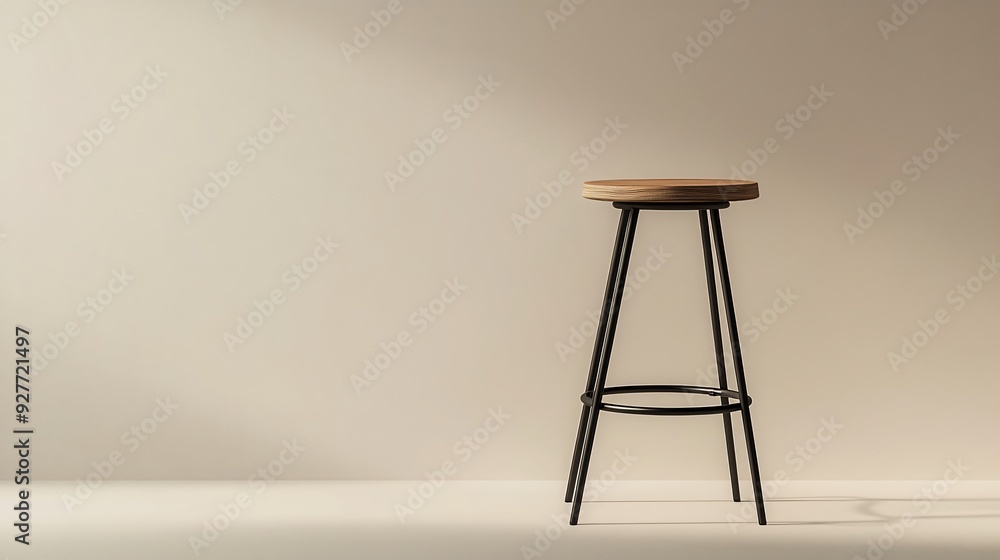 A stylish modern stool with a round wooden seat and thin, black metal legs, set against an isolated, neutral background A stylish modern stool with a round wooden seat and thin, black metal legs, set against an isolated, neutral background