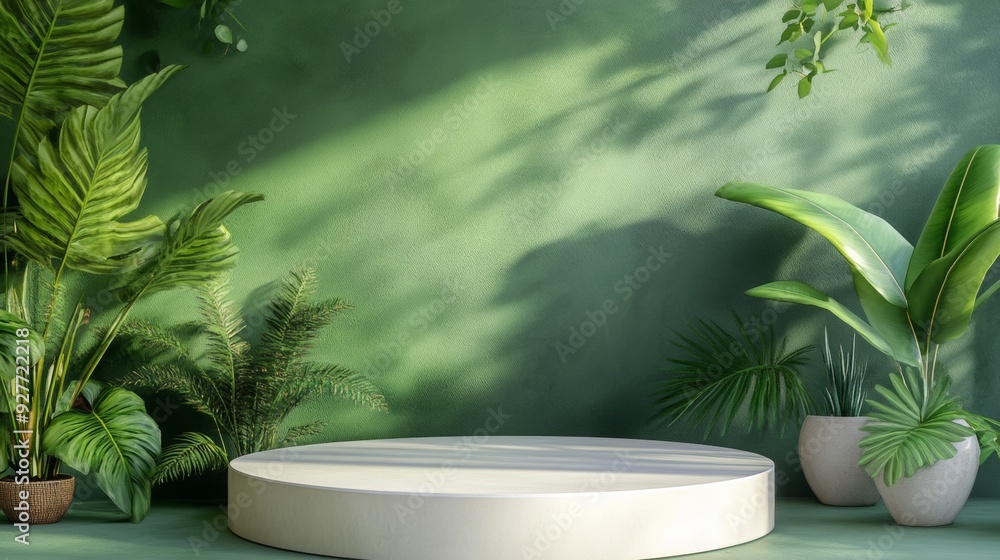 A product platform in a 3D render with natural elements. A product platform in a 3D render with natural elements.
